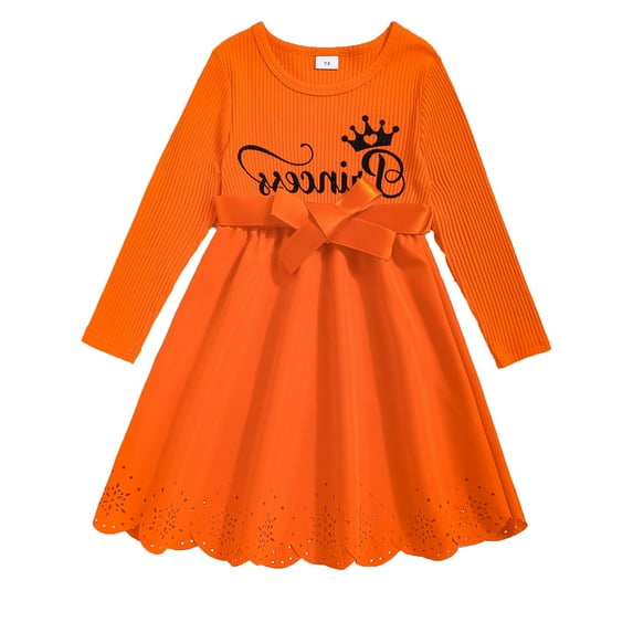 Actgleam Little Girls Long Sleeve Dress A-Line Formal Dresses for Girl,Orange,7Year