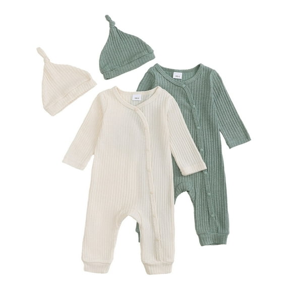 Actgleam Newborn Baby Boys Girls Pajamas with Hat Long Sleeve Button Solid Bodysuit Romper 2-Pack,3-6 Months