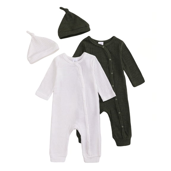 Actgleam Newborn Baby Boys Girls Pajamas with Hat Long Sleeve Button Solid Bodysuit Romper 2-Pack,3-6 Months