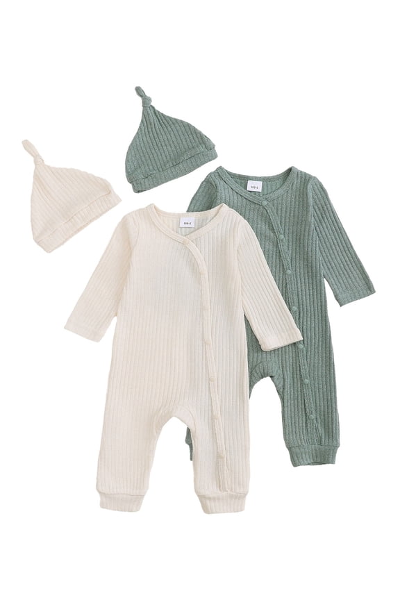 Newborn Baby Boys Girls Pajamas with Hat Long Sleeve Button Solid Bodysuit Romper 2-Pack,6-9 Months