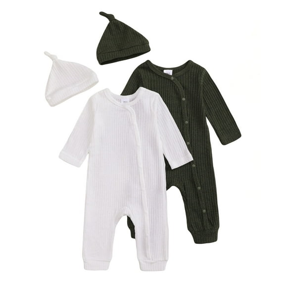 Actgleam Newborn Baby Boys Girls Pajamas with Hat Long Sleeve Button Solid Bodysuit Romper 2-Pack