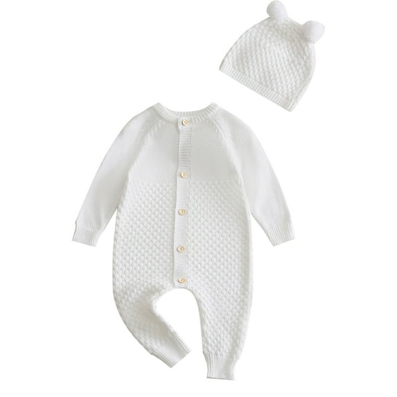 Actgleam Newborn Baby Boys Girls Romper Winter Knitted Pajamas with Hat,White,3-6Months