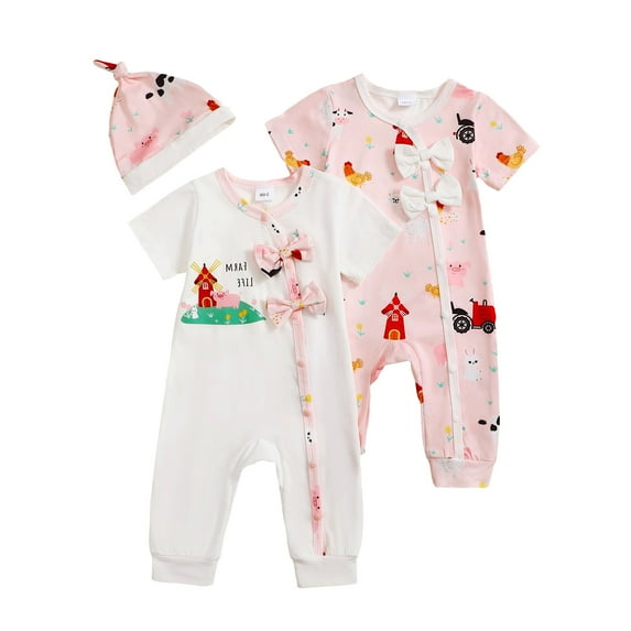 Actgleam Newborn Baby Romper With Hat Snap Short Sleeve Baby Jumpsuit,0-3Months,2 pack