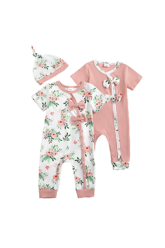 Newborn Baby Romper With Hat Snap Short Sleeve Baby Jumpsuit,0-3Months,2 pack