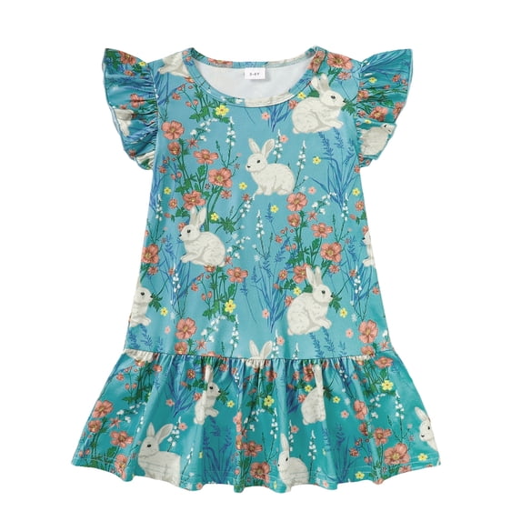 Actgleam Summer Toddler Girls Easter Dress Bunny Print Flutter Sleeve A-line Ruffle Sundress,Blue Bunny,3Y