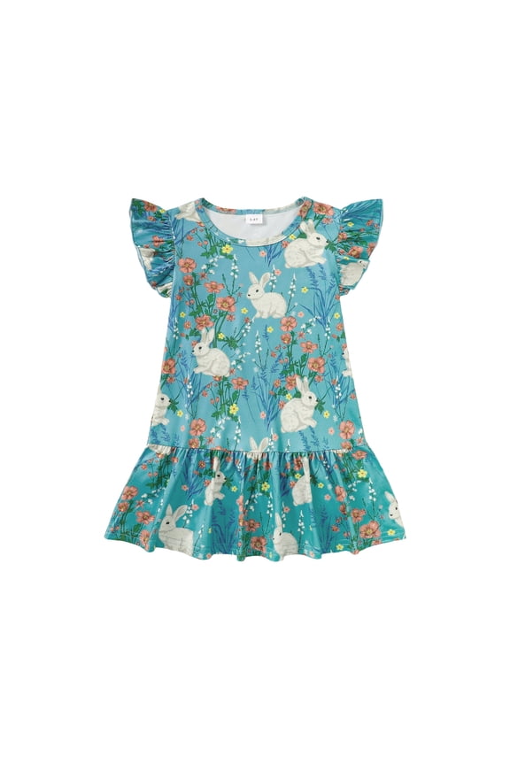 Summer Toddler Girls Easter Dress Bunny Print Flutter Sleeve A-line Ruffle Sundress,Blue Bunny,4-5Y