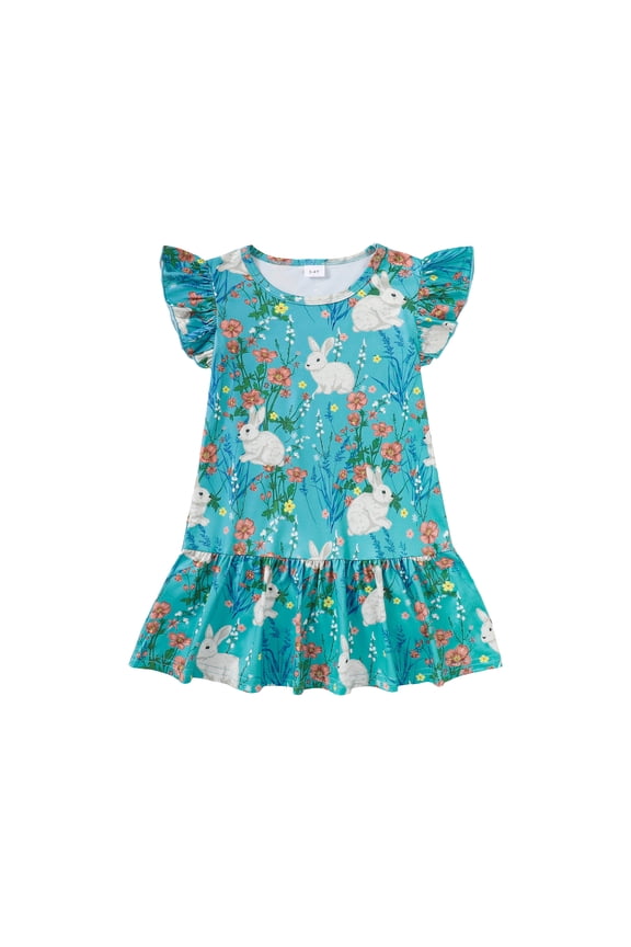 Summer Toddler Girls Dress Bunny Print Flutter Sleeve A-line Ruffle Sundress,Blue Bunny,5-6Y