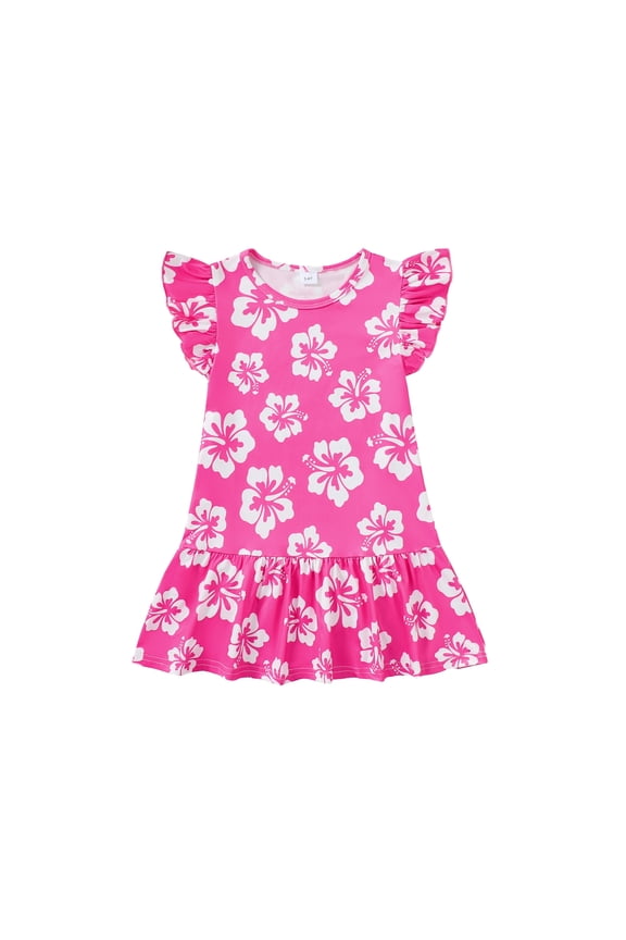 Summer Toddler Girls Dress Floral Print Flutter Sleeve A-line Ruffle Sundress,Pink Hibiscus,4-5Y