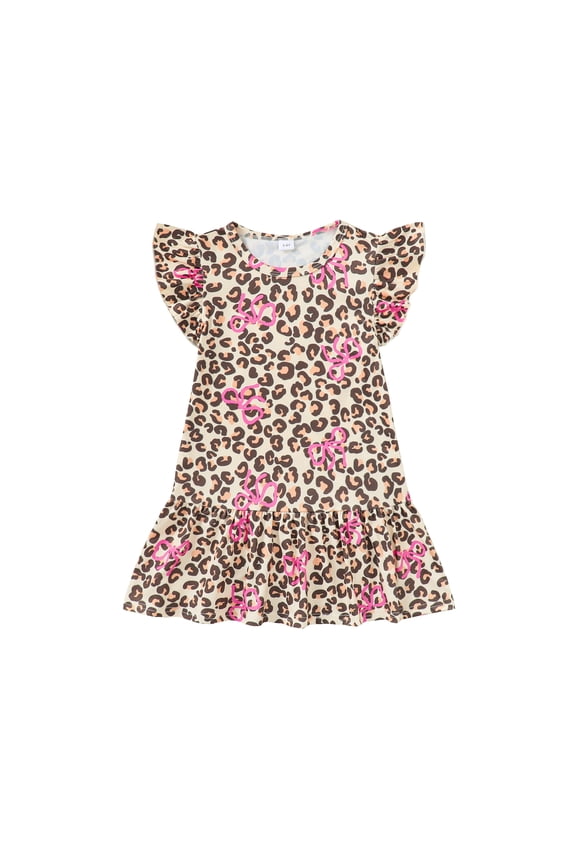 Summer Toddler Girls Dress Leopard Print Flutter Sleeve A-line Ruffle Sundress,Bow Leopard,4-5Y