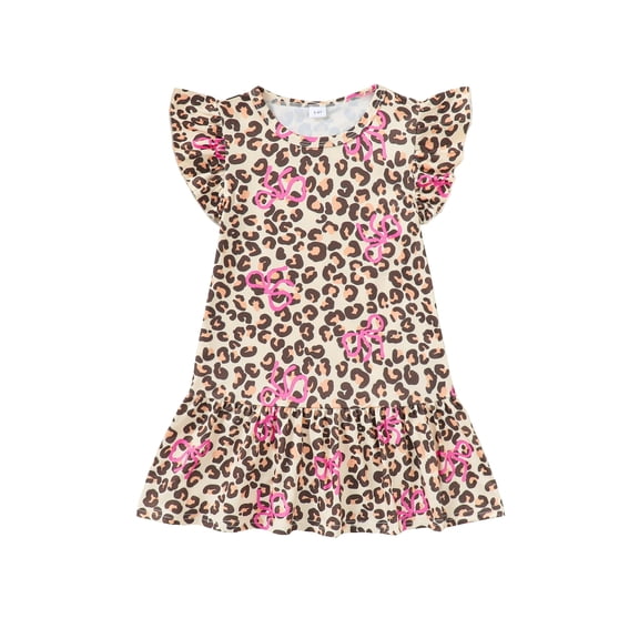 Actgleam Summer Toddler Girls Dress Leopard Print Flutter Sleeve A-line Ruffle Sundress,Bow Leopard,4-5Y