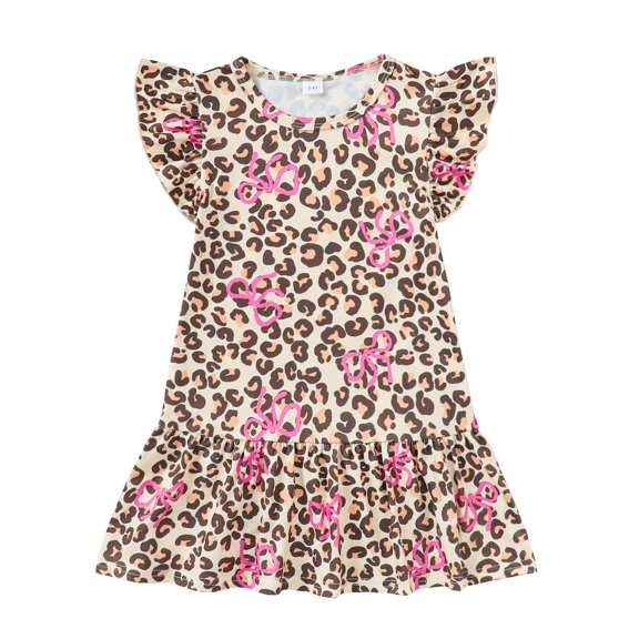 Actgleam Summer Toddler Girls Dress Leopard Print Flutter Sleeve A-line Ruffle Sundress,Bow Leopard,4-5Y