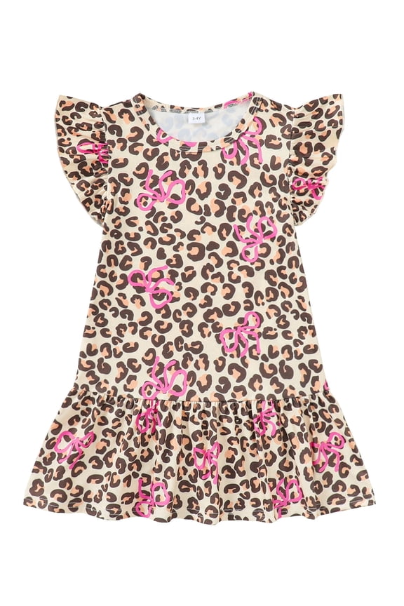 Summer  Girls Dress Leopard Print Flutter Sleeve A-line Ruffle Sundress,Bow Leopard,5-6Y