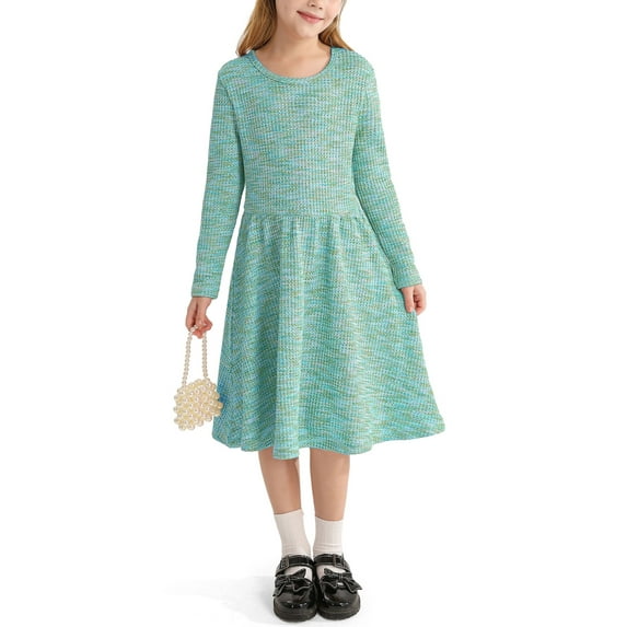 Actgleam Toddle Girls Long Sleeve Dress Round Neck A-line Casual Cute Knit Waffle Dresses for Girls,Blue Green,5-6Years