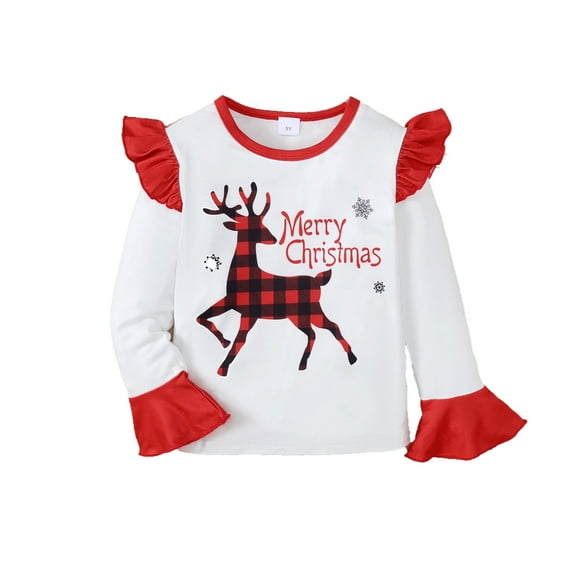 Actgleam Toddler Girls Tops Ruffle Long Sleeve Top Christmas Plaid Elk Print T-Shirt for Girl,4Years