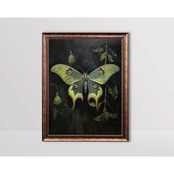 Actias Luna Moth, Dark Cottagecore, Botanical Gothic Decor, Witchy Green Academia Poster Vintage Goth Wall Art Whimsigoth, Unframed Poster Size 24x36
