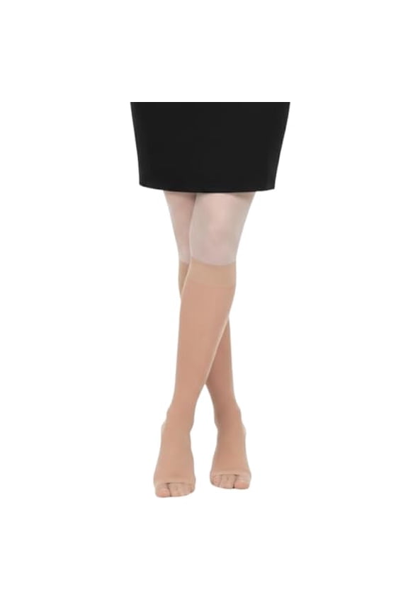 8-15 mmHg Sheer Compression Stockings for Women – Open Toe Knee High Support Hose, Soft Top Band, Mild Leg Comfort & Daily Wear