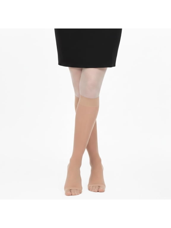 Women’s Sheer Open Toe Knee High Compression Stockings 8-15 mmHg | Lightweight breathable latex-free fabric with a soft non-binding 1-inch top band and shaped heel for lasting daily comfort
