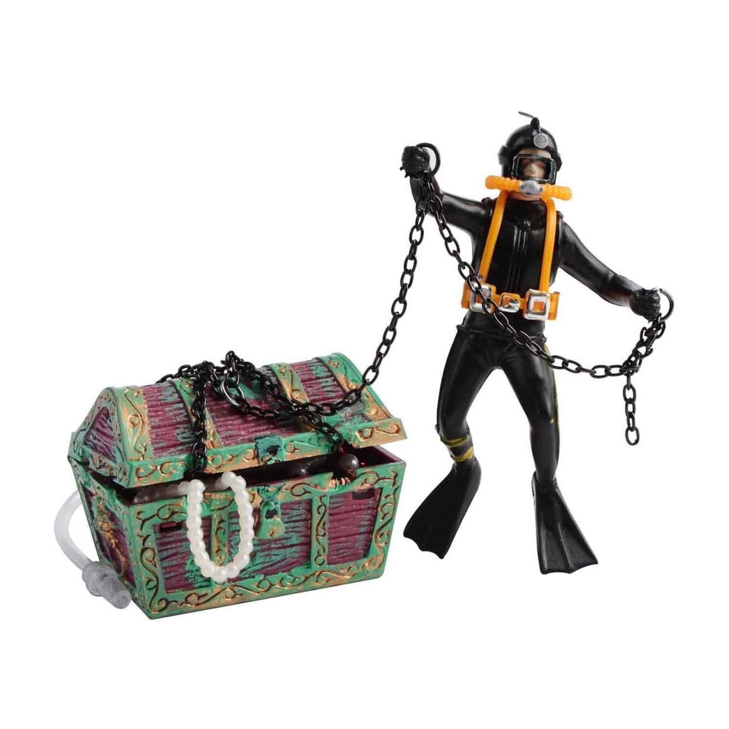 Action Aquarium Ornament, Undersea Treasure Chest Diver, Aerating Fish Tank Decorations Resin