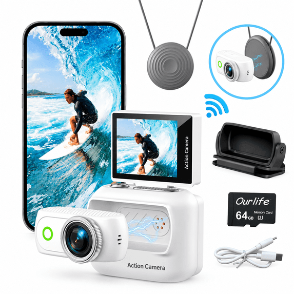 Ourlife Mini Wearable Action Camera, 4K Video, 48MP Photos, 2.0" Flip Screen, WiFi App, Magnetic Mount, Charging Case, 64GB Card, White