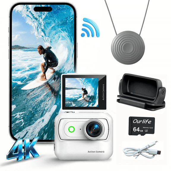 1080P HD Action Camera, Flip Screen, Magnetic Mount, Dual Battery, WiFi, Compact, Vlogs, Outdoor Adventures, Pet Walking, White