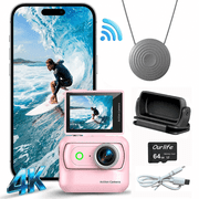 Ourlife Mini Wearable Action Camera, 4K Video, 48MP Photos, 2.0" Flip Screen, WiFi App, Magnetic Mount, Charging Case, 64GB Card, Pink