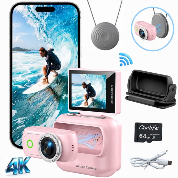 1080P HD Action Camera, Magnetic Quick-Release, Flip Screen, Dual Battery, WiFi, Ultra-Compact, Rugged, Vlogging, Outdoor, Pink