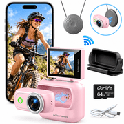 Ourlife Mini Wearable Action Camera, 4K Video, 48MP Photos, 2.0" Flip Screen, WiFi App, Magnetic Mount, Charging Case, 64GB Card, Pink