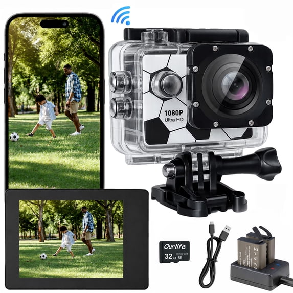 Action Camera 1080P Outdoor Sports Video Camera 30M/100FT Underwater Waterproof Web Camera with 170° Wide-Angle Lens and Mounting Accessories Kits
