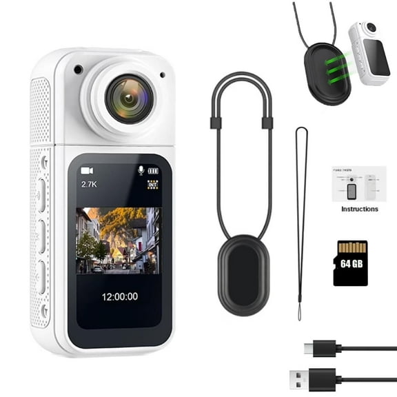 Mini Action Camera 64GB ,Thumb POV Portable Body Cam Wearable Video Recorder, Helmet Mount, Magnetic Sport DV for Cycling, Motorcycle ,Pet, Vlog (White)