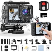 Action Camera, 30M Waterproof Camera 170  Wide Angle EIS Stabilization WiFi Adjustable Wide Angle Helmet Camera with 64GB Card, 4K 20MP Sports Video Camera WiFi with Touch Screen Dual Screen