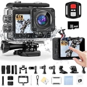 Action Camera, 30M Waterproof Camera 170  Wide Angle EIS Stabilization WiFi Adjustable Wide Angle Helmet Camera with 64GB Card, 4K 20MP Sports Video Camera WiFi with Touch Screen Dual Screen