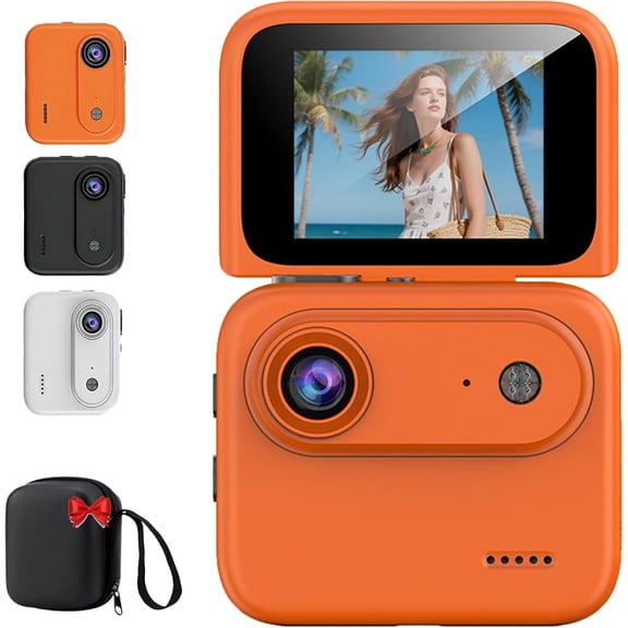 Action Camera 4K 360°, Multi-Functional Flip Screen Action Camera with 143° Wide Angle Lens, Anti-Shake POV Sport Cameras,Compact Panoramic Action Cameras,Waterproof Case for Travel (Orange,32G)