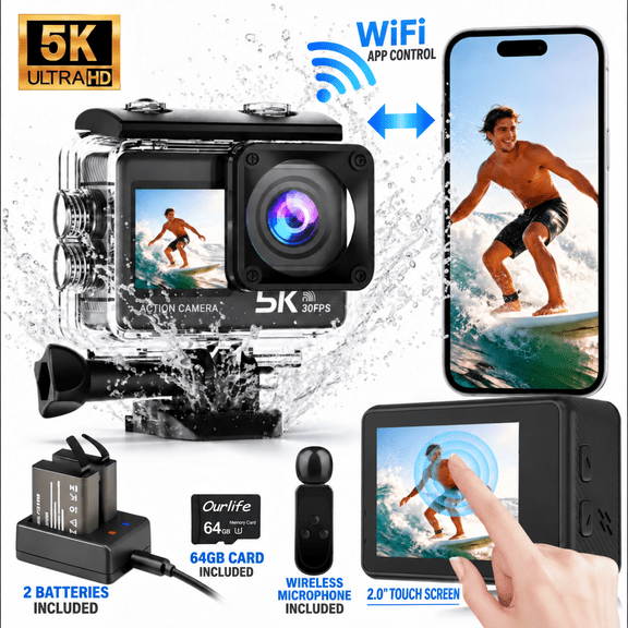 Action Camera 5K 30FPS 50MP Waterproof Camera Underwater EIS, Wireless Microphone,Touch Dual Screen, WiFi App, Remote & 64GB Card for Diving and Cycling