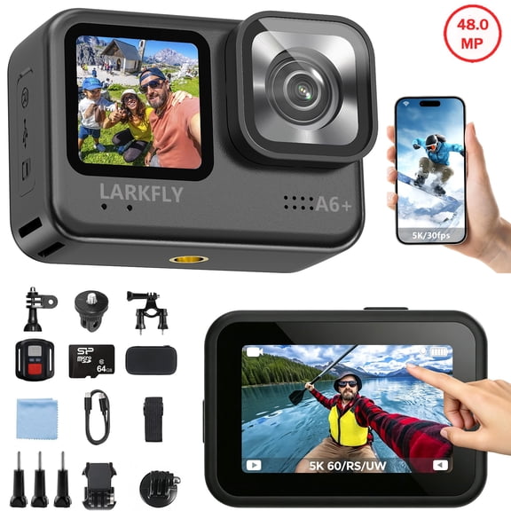 Action Camera 5K 30FPS Waterproof Camera with EIS WiFi App Remote Control 64GB Card,Dual OLED touch screen design,Vlogging Camera Ideal for Sports & Adventure
