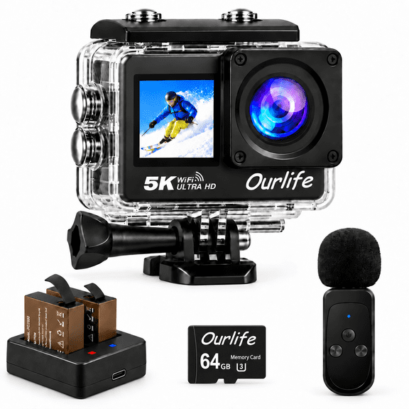 Action Camera 5K 30FPS Waterproof Camera Underwater 131FT with Eis, 2" Touch Dual Screen, Wireless Microphone, Vlog Camera for Diving Cycling Outdoor