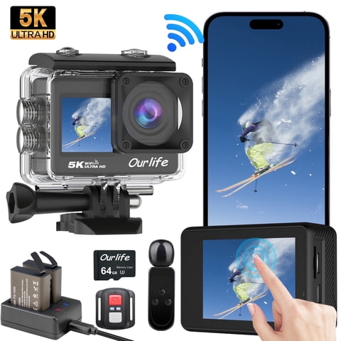 Action Camera 5K 30FPS Waterproof Camera Underwater 100FT with Eis, 2" Touch Dual Screen, Wireless Microphone, Vlog Camera for Diving Cycling Outdoor