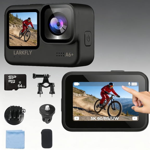 Action Camera, 5K/30fps Waterproof Action Camera, with APP & WiFi Control, 1/1.3" Sensor, EIS Anti-Shake, Subject Tracking, Includes 64GB Card, Vlogging Camera Ideal for Sports & Adventure