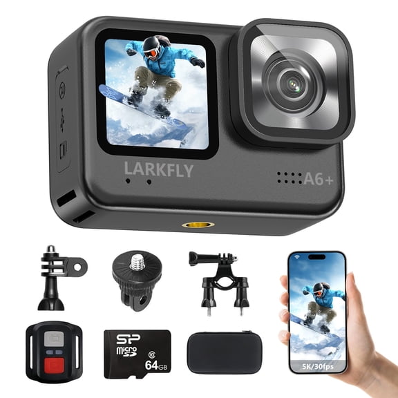 Action Camera,5K/30fps Waterproof Action Camera, with APP & WiFi Control, 1/1.3" Sensor, EIS Anti-Shake, Subject Tracking, Includes 64GB Card, Vlogging Camera Ideal for Sports & Adventure