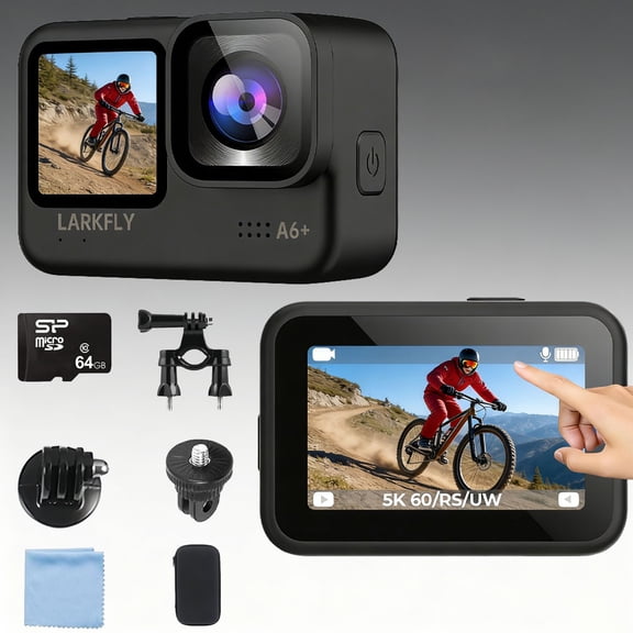 Action Camera,5K/30fps Waterproof Action Camera, with APP & WiFi Control, 1/1.3" Sensor, EIS Anti-Shake, Subject Tracking, Includes 64GB Card, Vlogging Camera Ideal for Sports & Adventure