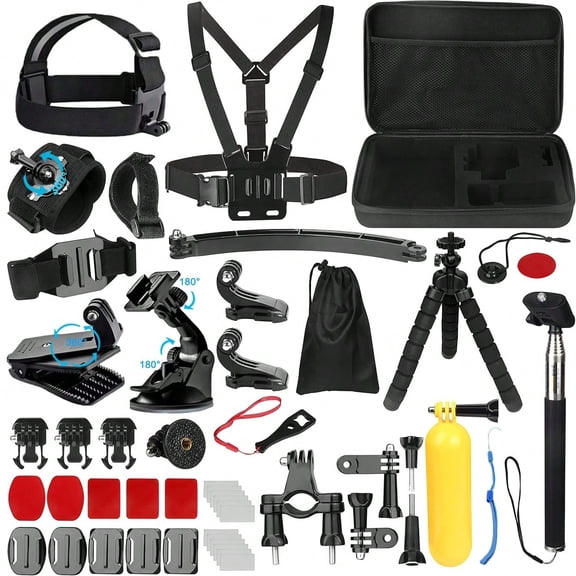 Action Camera Accessories Kit, 50-in-1 Mounts Bundle with Carrying Case, Chest Strap, Head Strap, Tripod, Selfie Stick, Floating Handle for GoPro Hero, AKASO, Campark