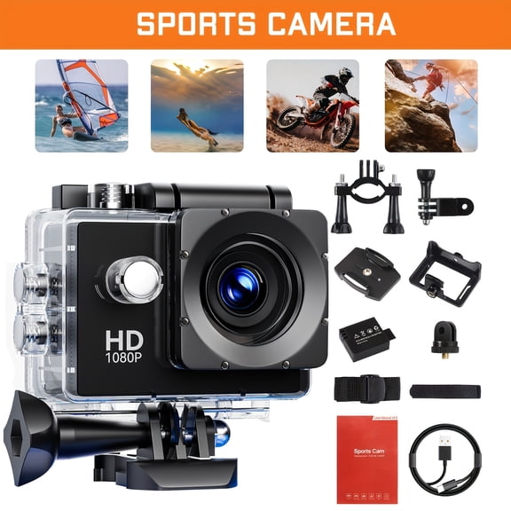 Action Camera HD 1080P with 2" LCD Screen, 170° Wide-Angle, 900mAh Battery, Stabilization, SD Card Recording, for Diving/Surfing/Cycling/Skiing/Climbing, Outdoor Gift
