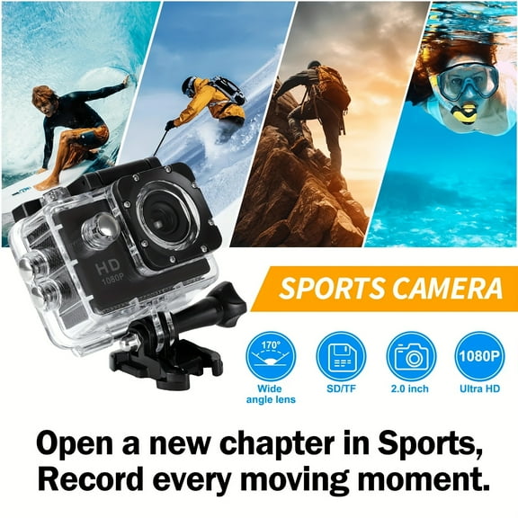 Action Camera HD 1080P Outdoor Sports Recorder 2.0 Inch LCD 170 Wide Angle Swimming Camera Mini Portable Rock Climbing Cycling Life Recorder Birthday Holiday Gift
