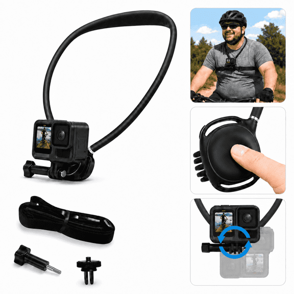Action Camera Neck Mount, Hands-Free POV Vlogging Holder with Air Cushion & 1.5m Extra Long Chest Strap for GoPro Hero 13/12/11, DJI Osmo Action 6/5 Pro/4/3, Insta360 X5/X4/Ace Pro 2, Quick Release