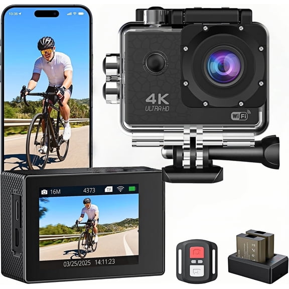 Action Camera with 4K 30FPS 20MP WiFi EIS Ultra HD 131FT Waterproof Underwater Remote Control 4X Zoom Support External Microphone Black