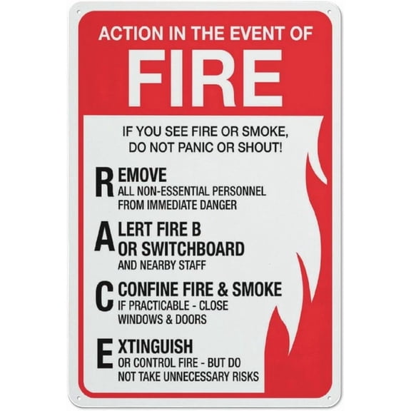 Action In The Event Of Fire Sign 8X12 Inch Rust Free Aluminum Easy To Read & Sturdy Keep Out Outdoor Signs For Home Farm Yard For Home Wall Art Decor Metal Tin Sign