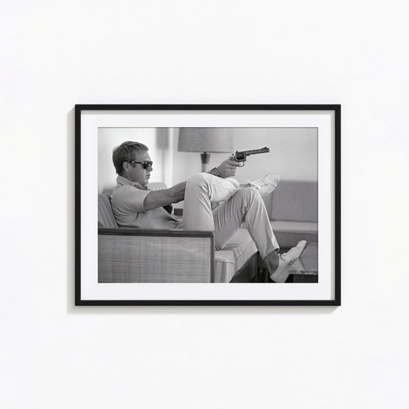 Action Film Star Aiming Pistol Black and White Vintage Photography Art, Unframed Poster