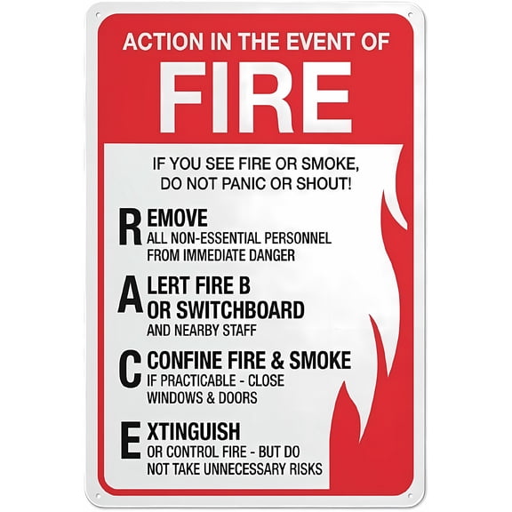 Action In The Event Of Fire Aluminum Sign 8"x12" - Rust Free, Easy-to-Read, Home Farm Outdoor Alert