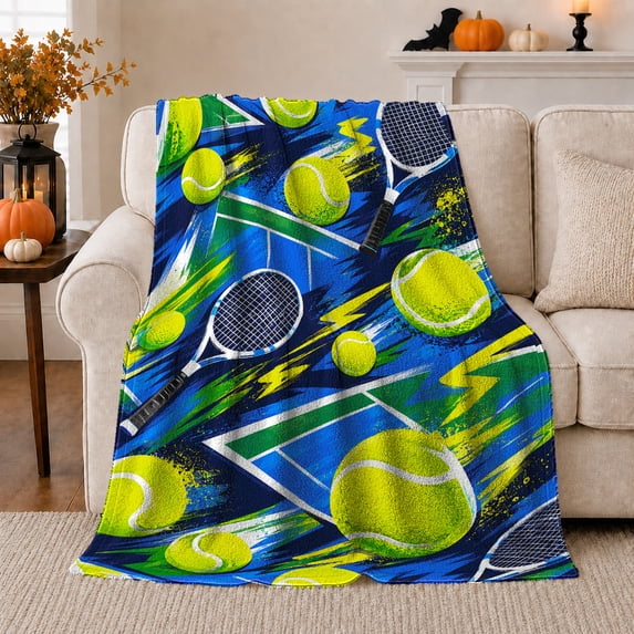 Tennis Balls And Rackets Across Angular Court Graphics, Bold Energetic Sports Graphics for Tennis Players, Appreciation Gift, Cozy Flannel Blanket and Home Decor for Game Room and Bedroom