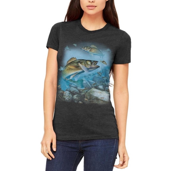 Action Walleye Fishing Juniors Soft T Shirt Heather Black MD