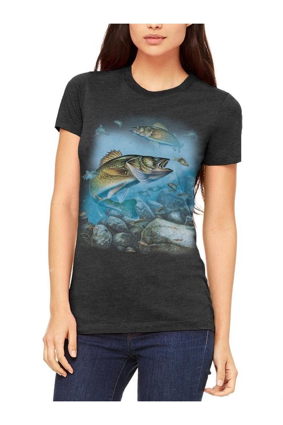 Action Walleye Fishing Juniors Soft T Shirt Heather Black MD